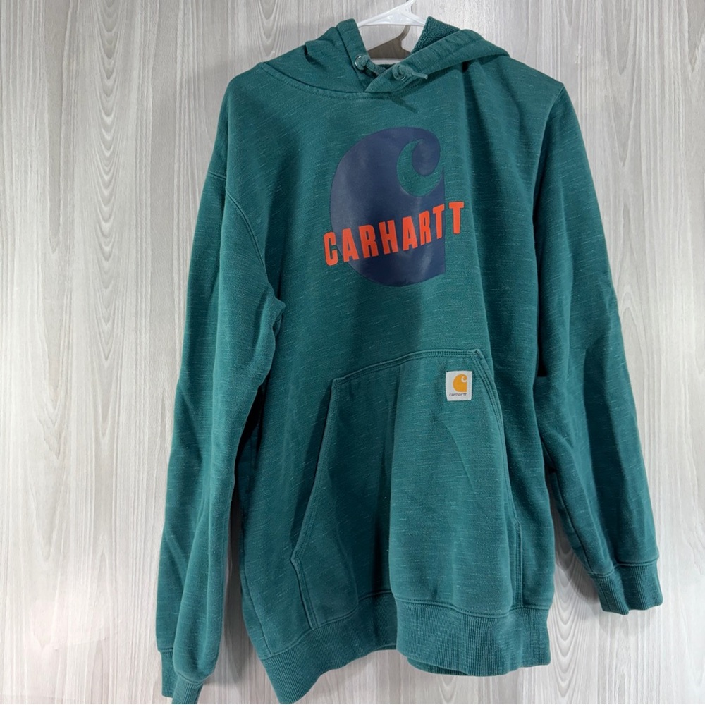 Carhartt Logo Teal Green Hoodie Heavy Weight Loose Fit Pullover Streetwear Men M